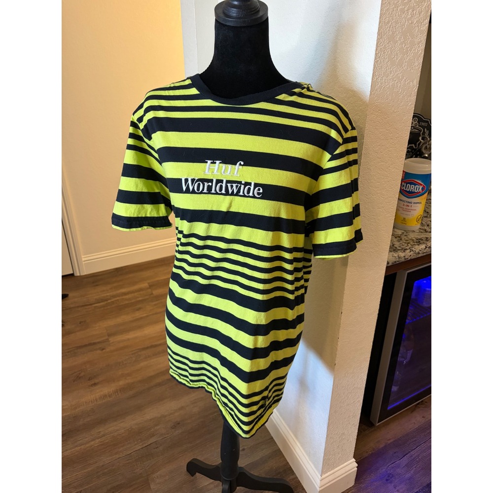 Huf Worldwide Mens Striped T-Shirt Neon Green Black Embroidered Logo Tee